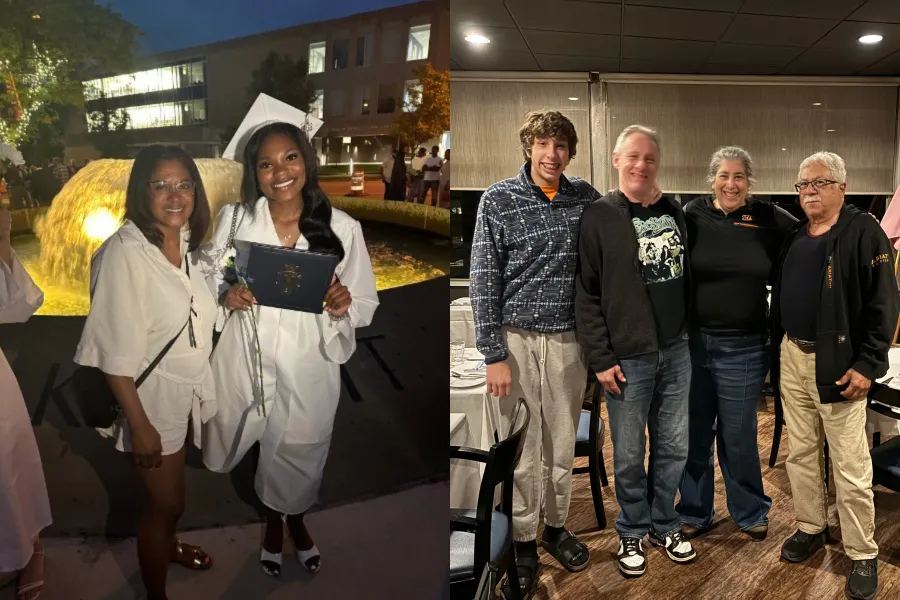 Photo collage of two photos with Tamia and Tiarra Andrews on the left and William Pratt, Gina Pratt and family on the right