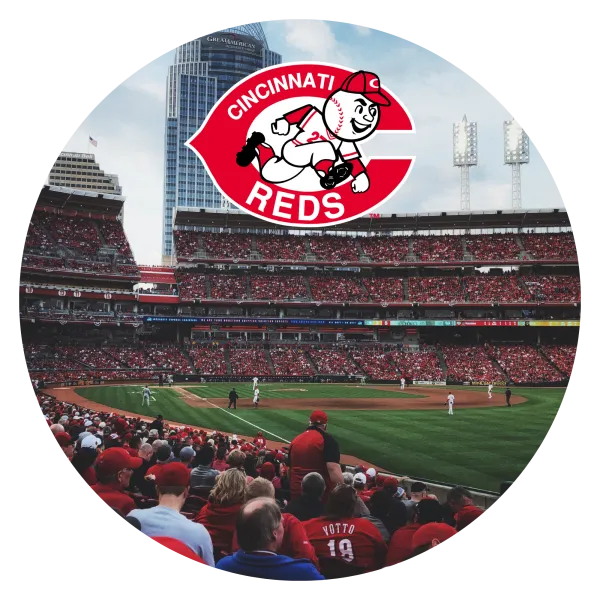 Photo of the Cincinnati Reds stadium with their logo, a large red C, on top