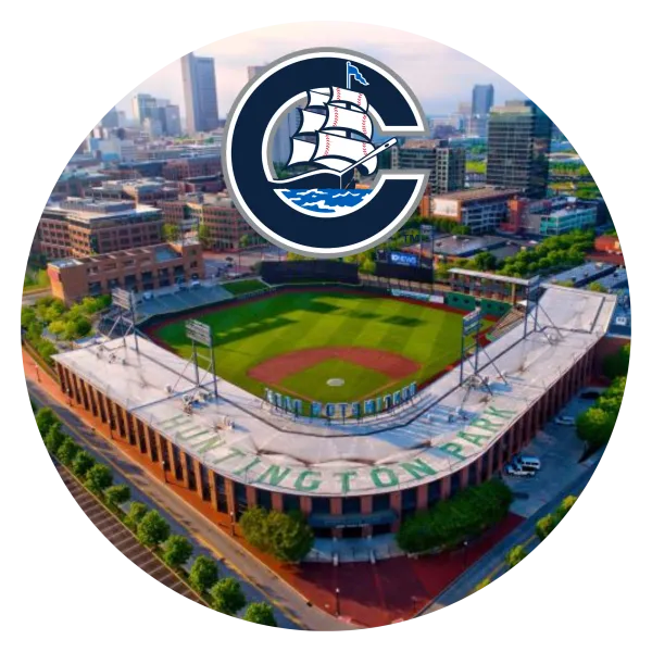 Photo of the home park of Columbus Clippers, Huntington Park, and Clippers logo