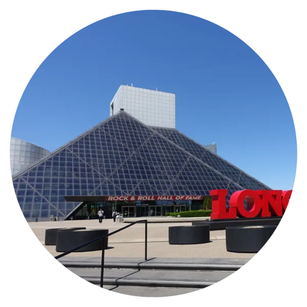 Photo of glass pyramid building of Rock and Roll Hall of Fame in Cleveland, OH