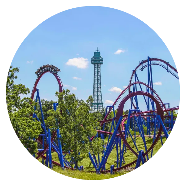 Photo of King's Island amusement park with roller coasters and park rides in view