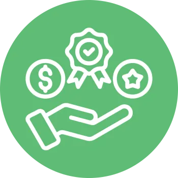 Icon with green background and white graphic that shows a hand with a money symbol, award ribbon and star above